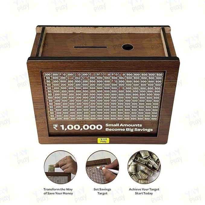 BUYHATKE™ 1 Lakh Savings Challenge Wooden Box